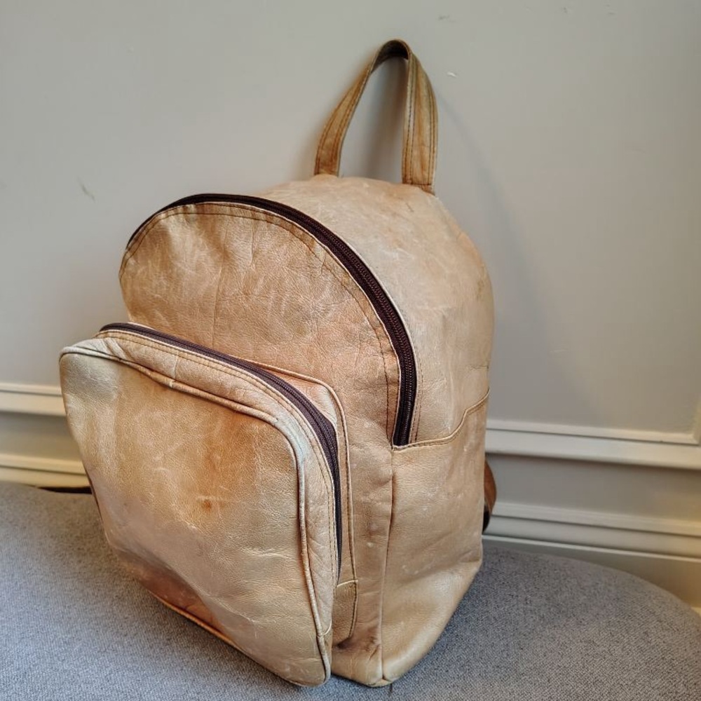 Vtg Tan Genuine Leather Backpack Unbranded Boho Minimalist Travel Bag